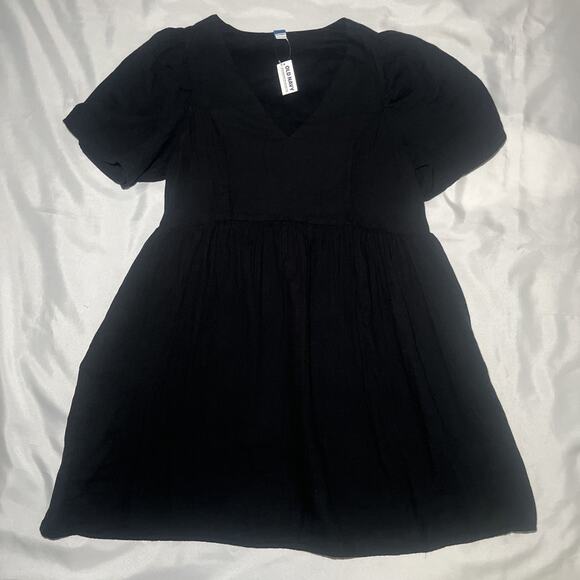 NEW Old Navy Flutter-Sleeve Textured Mini Swing Dress LBD 100% Cotton Black Sz L - Picture 2 of 8